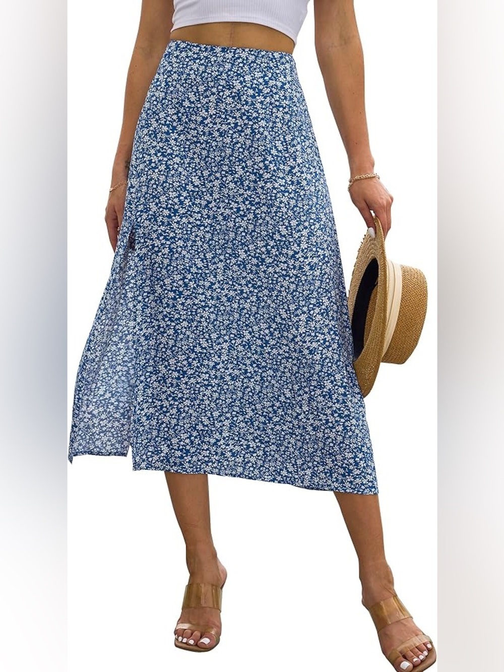Nenona Womens Flowy Slit Casual Lightweight High Waisted Floral Beach Midi Skirt